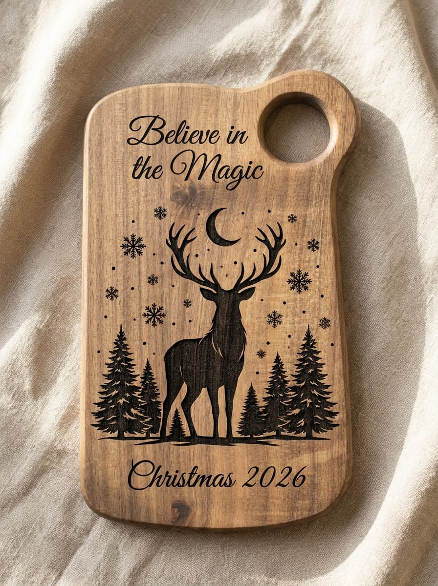 A personalized wooden cutting board with a natural light brown finish, featuring a dark engraved design of a stag, pine trees, a crescent moon, and snowflakes. The text reads 'Believe in the Magic' at the top and 'Christmas 2026' at the bottom.