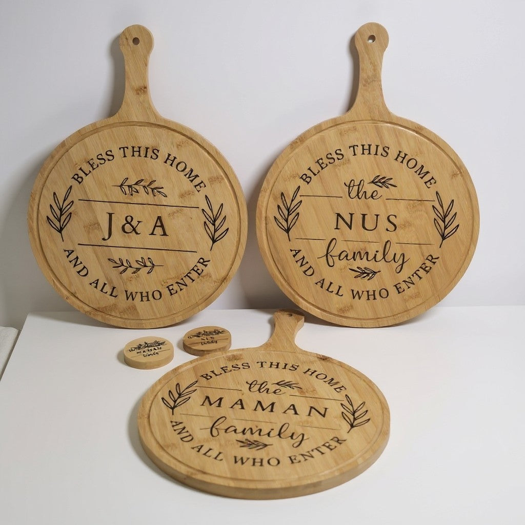 Personalized bamboo cutting boards with custom family name laser engraved – "Bless This Home and All Who Enter" – housewarming gift by MSC Wood & Craft Designs