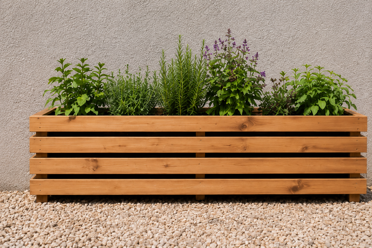 Slatted wooden raised bed planter with herbs and lavender
