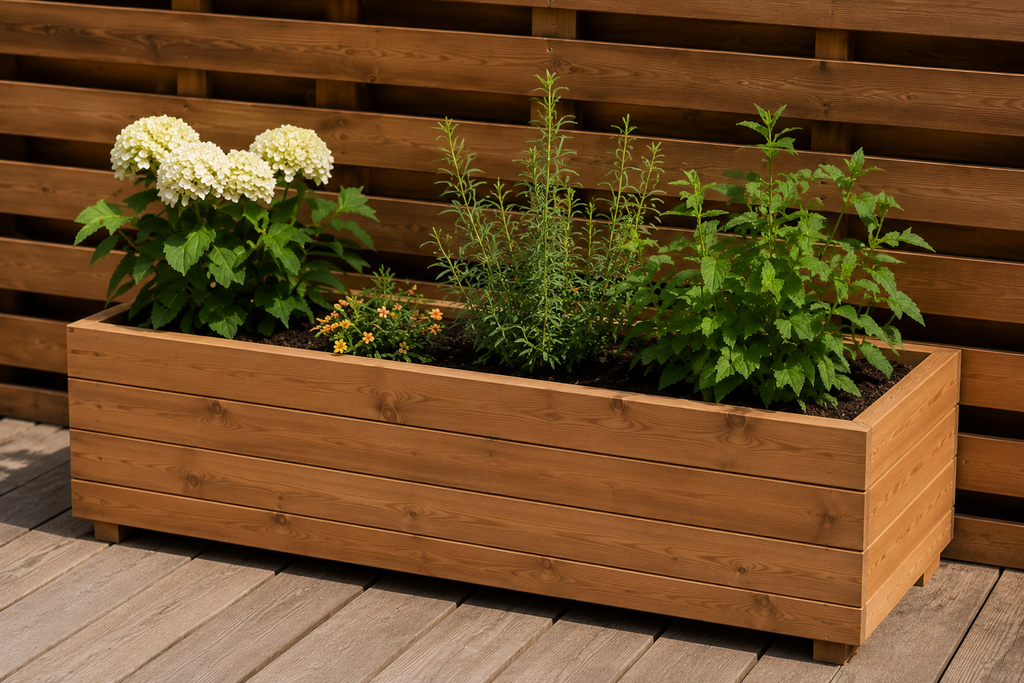 Classic rectangular wooden planter box on deck with herbs