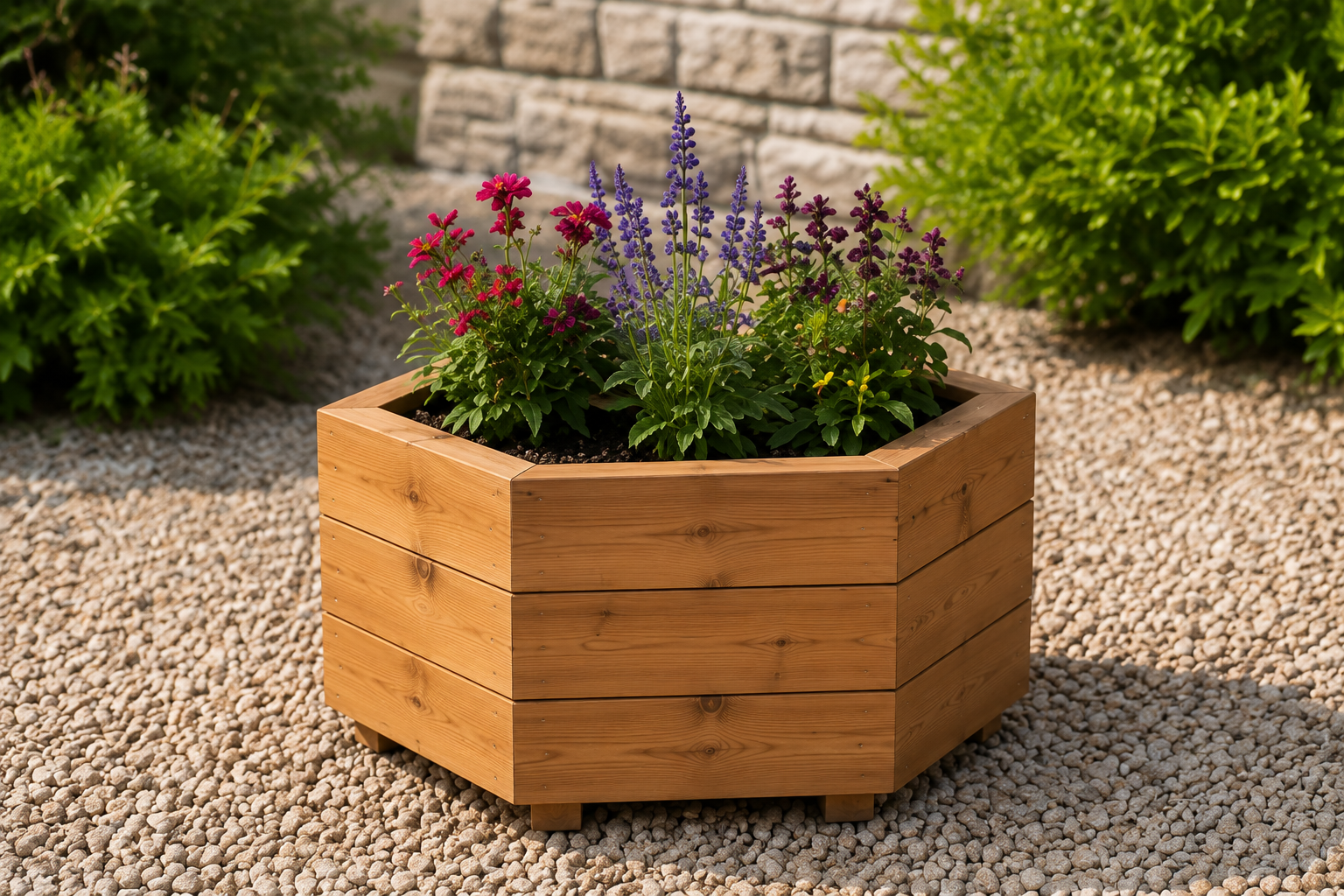 Hexagonal wooden planter box with flowers in garden setting