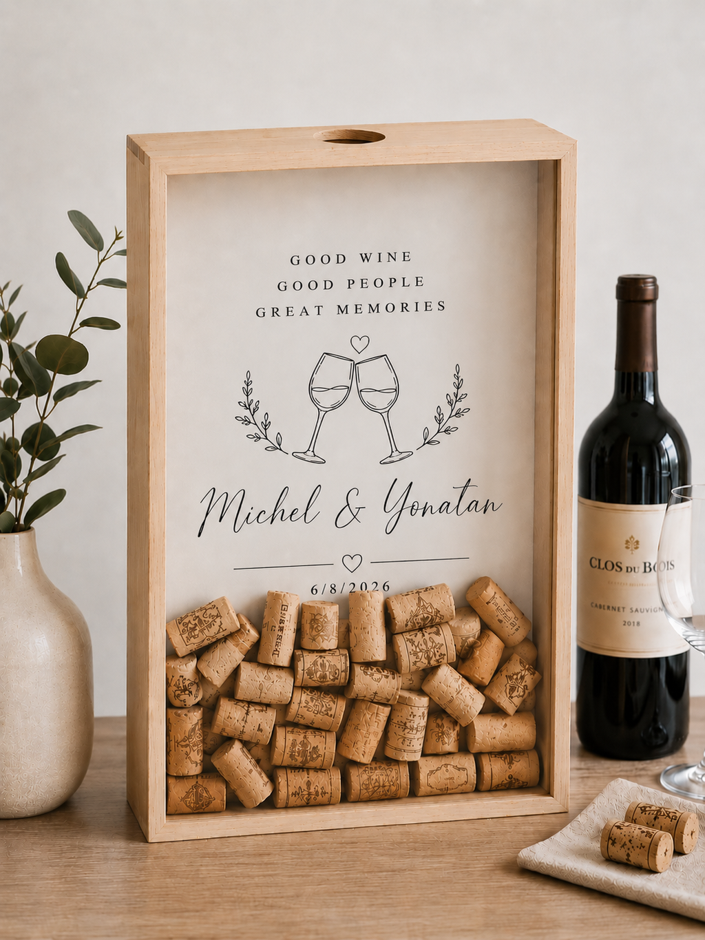 Custom wine cork shadow box with engraved couple names and date, wine lover wedding gift – MSC Wood & Craft Designs