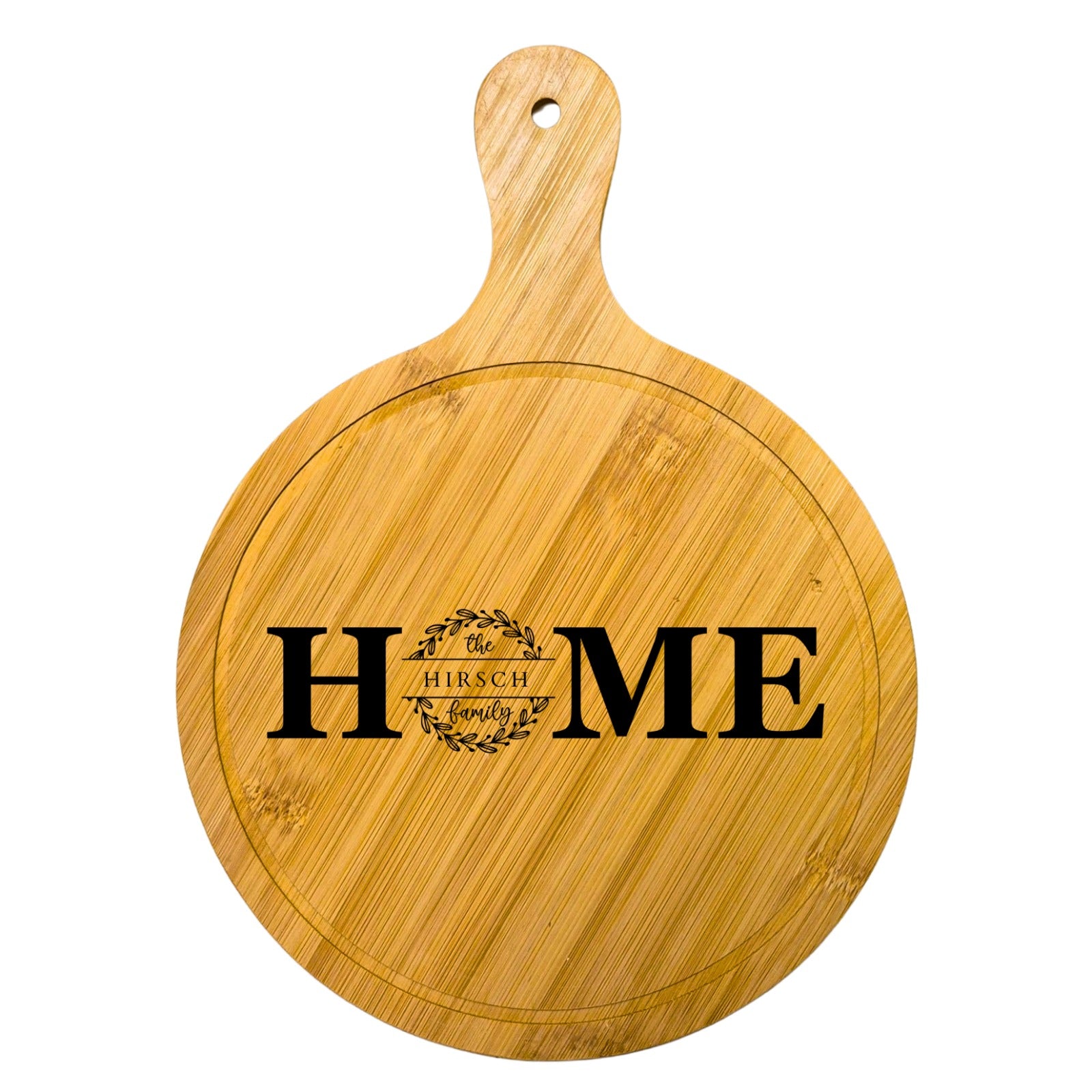 Custom laser engraved round bamboo cutting board with family name – personalized HOME design, unique housewarming gift – MSC Wood & Craft Designs