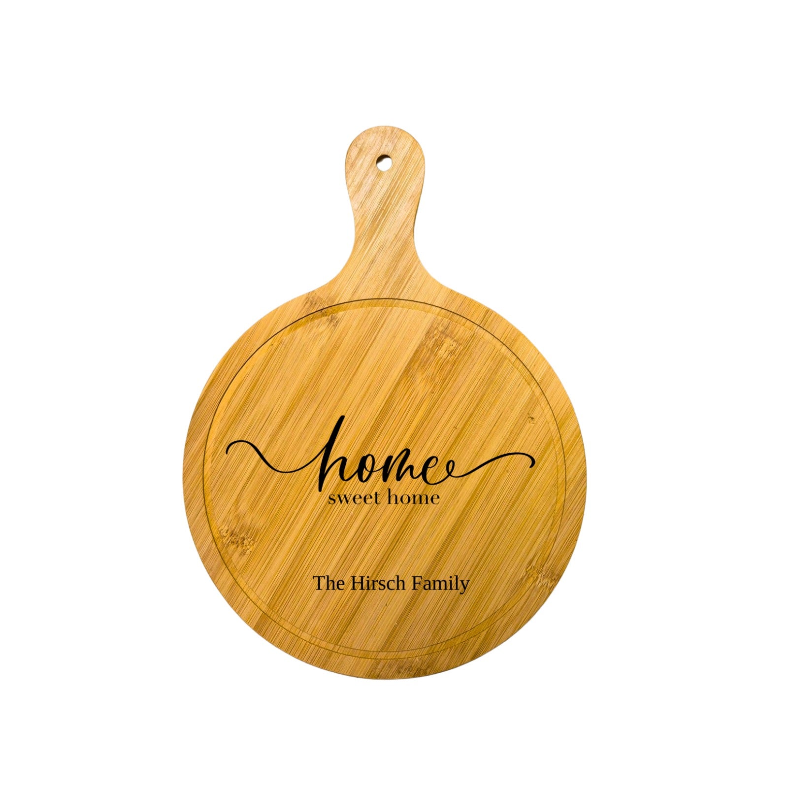 Personalized bamboo cutting board engraved with "Home Sweet Home" and custom family name – laser engraved housewarming gift – MSC Wood & Craft Designs