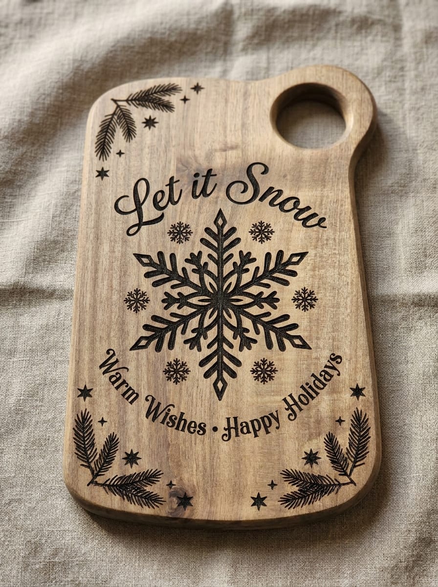A rectangular wooden cutting board with rounded corners and a handle cutout, featuring a laser-engraved winter design with a large snowflake, pine branches, stars, and the text 'Let it Snow', 'Warm Wishes • Happy Holidays', placed on a textured beige fabric background.