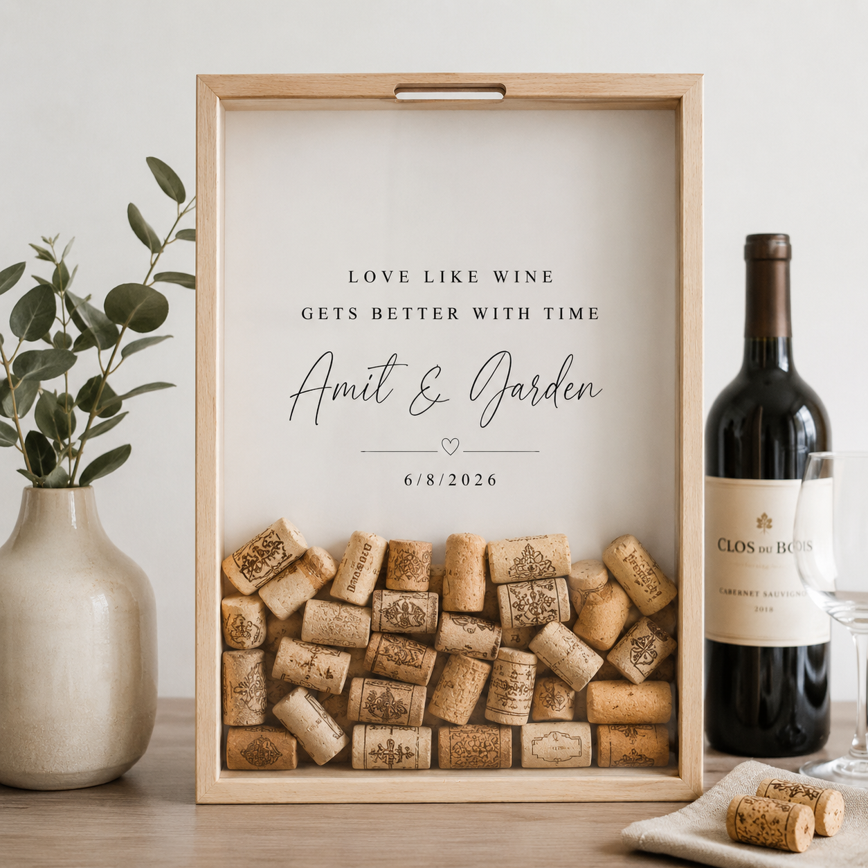 Personalized wine cork shadow box with custom names and wedding date, laser engraved – unique wedding gift by MSC Wood & Craft Designs