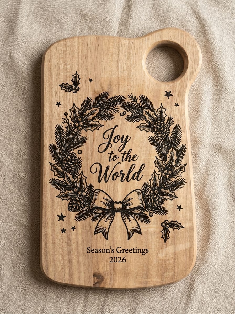 A rectangular wooden cutting board with rounded corners and a handle cutout, featuring a black engraved Christmas wreath design with the words 'Joy to the World,' 'Season's Greetings,' and '2026.' It is photographed from above on a light beige fabric background.