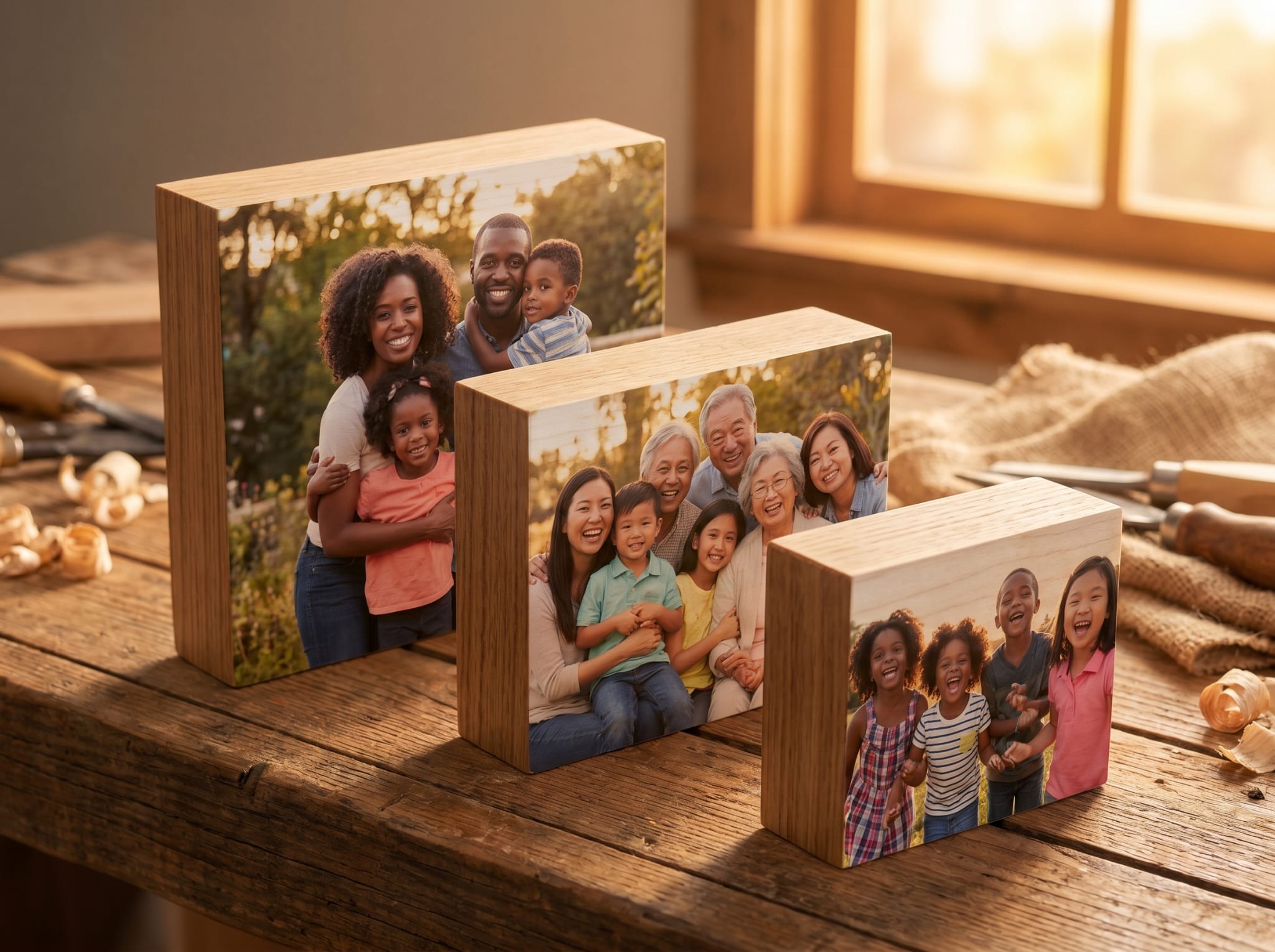 Alt text: Custom family photo on wood block display – personalized wood photo print in multiple sizes, unique keepsake gift – MSC Wood & Craft Designs
