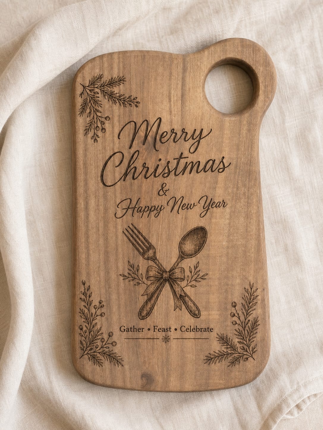 A rectangular wooden cutting board with rounded corners and a handle cutout, featuring engraved Christmas text and utensil graphics, placed on a draped cream fabric background.