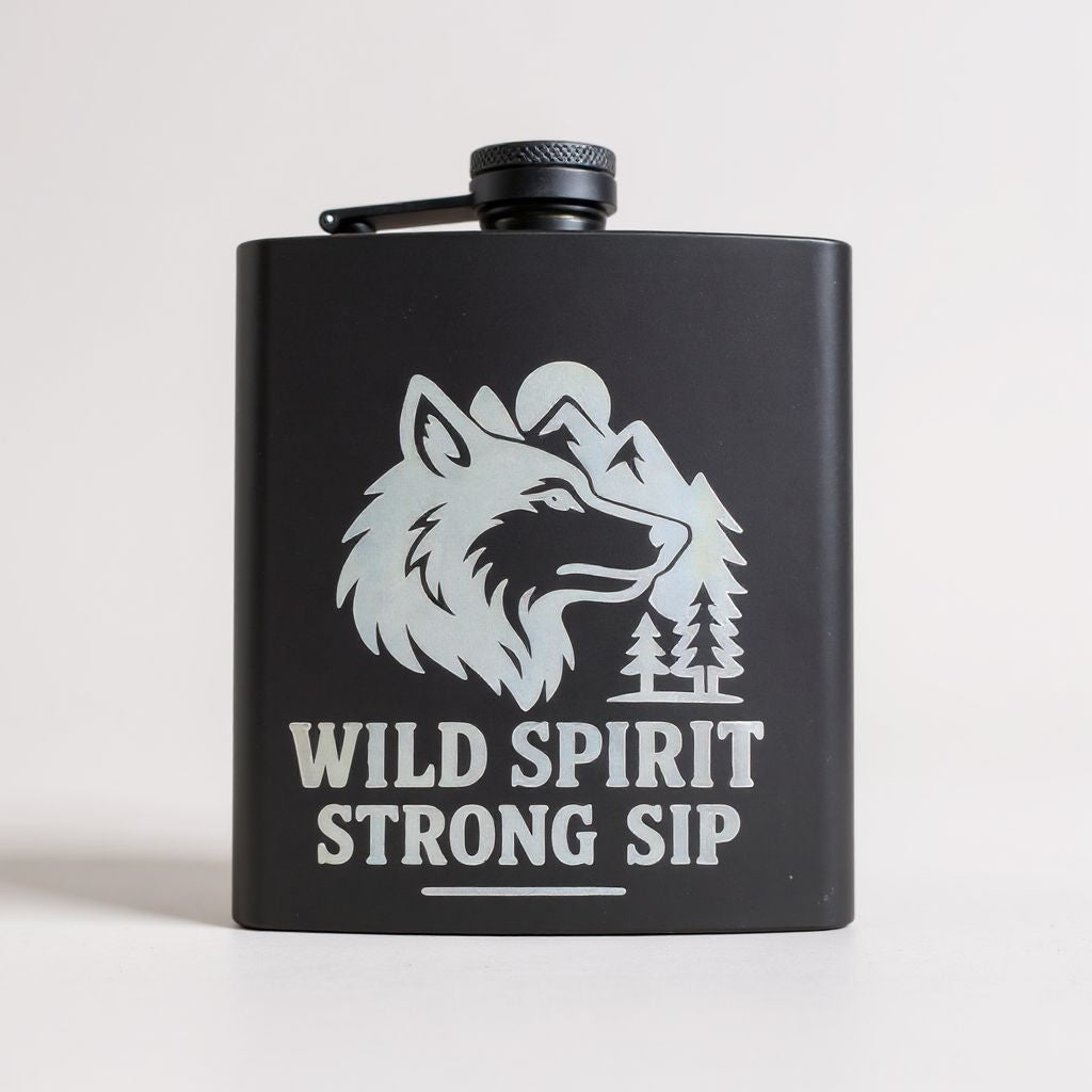 A matte black metal flask with a screw-top lid and carrying loop, featuring a white graphic of a wolf, mountains, trees, and the text 'WILD SPIRIT STRONG SIP' on the front, set against a plain light background.