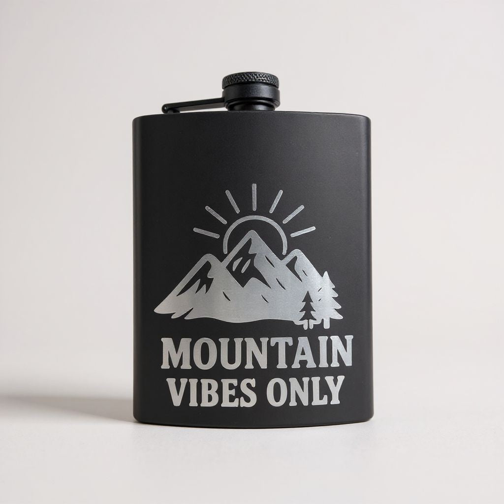 A matte black metal flask with a silver graphic of mountains, a sun, and trees, with the text 'MOUNTAIN VIBES ONLY' printed below. The flask has a black screw cap and a small carrying loop, photographed on a clean light gray background.
