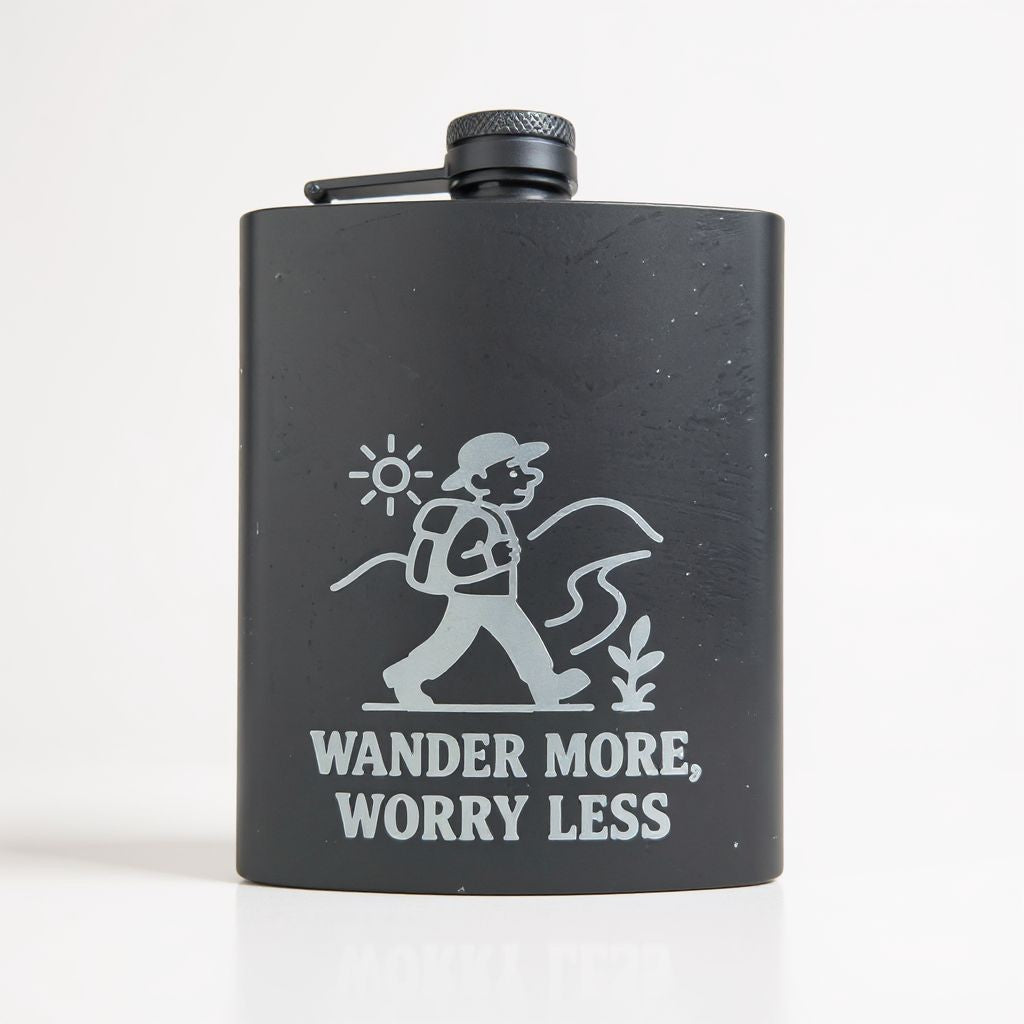 A matte black metal flask with a screw-top lid and a printed white graphic of a hiker with the text 'WANDER MORE, WORRY LESS' on the front, photographed on a clean white background.