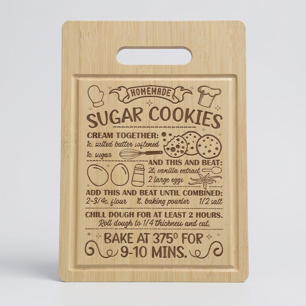 A rectangular wooden cutting board with a handle cutout at the top, featuring a brown engraved recipe for making sugar cookies on the front, set against a light gray background.