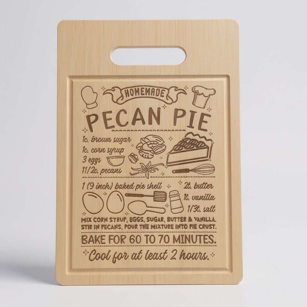 A rectangular wooden cutting board with a handle, featuring an engraved pecan pie recipe and illustrations on a light wood grain surface, set against a plain light gray background.