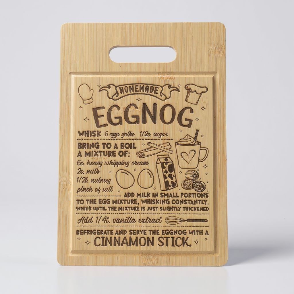 A rectangular bamboo cutting board with a handle, featuring a detailed, engraved recipe for homemade eggnog with illustrations of eggs, a mug, cinnamon stick, and kitchen utensils.