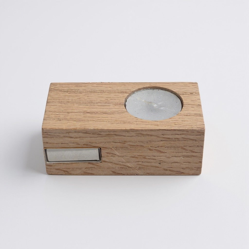 Handcrafted Oak Wood Candle Holder with Matchbox Storage