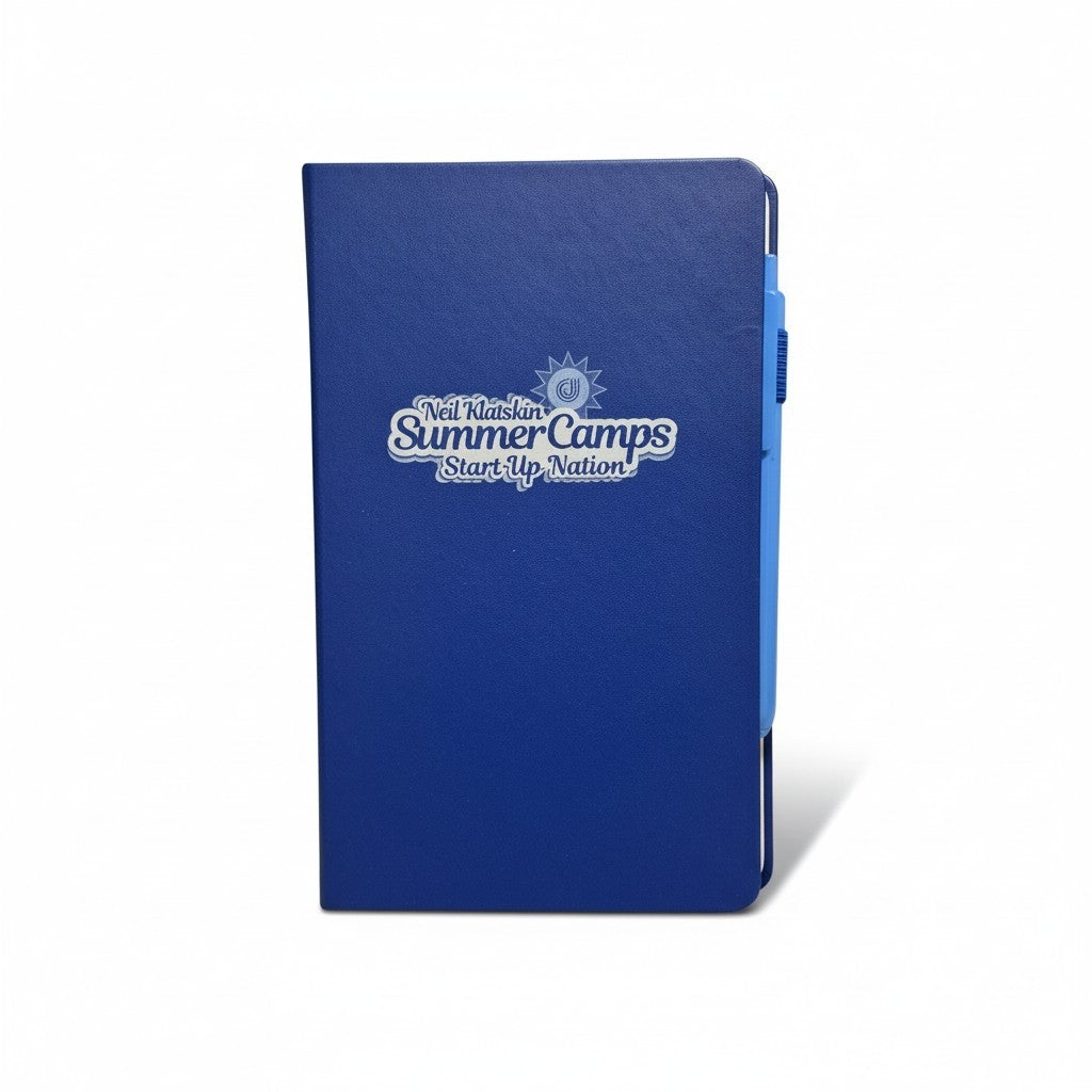 Custom logo branded blue notebook with matching pen