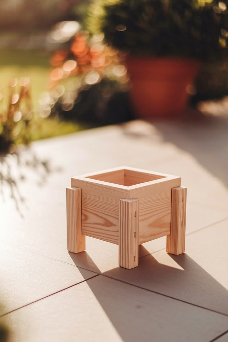 Compact tabletop wooden planter box on patio