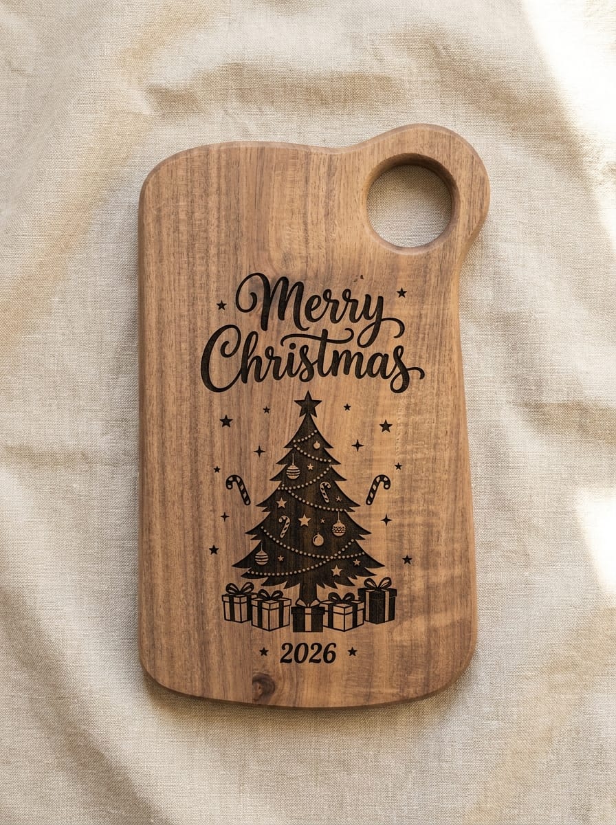 A rectangular wooden cutting board with rounded corners and a handle cutout, featuring a black engraved Christmas tree design with the words 'Merry Christmas' and '2026'. The board is photographed flat on a textured beige fabric background.