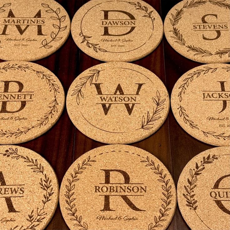 Personalized Laser Engraved Cork Coasters -  Set of 4