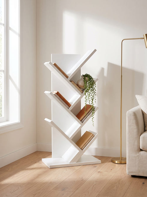 A modern white chevron-style bookshelf with four angled tiers, styled with books and a trailing green plant in a bright living room corner next to a window and a gold floor lamp.
