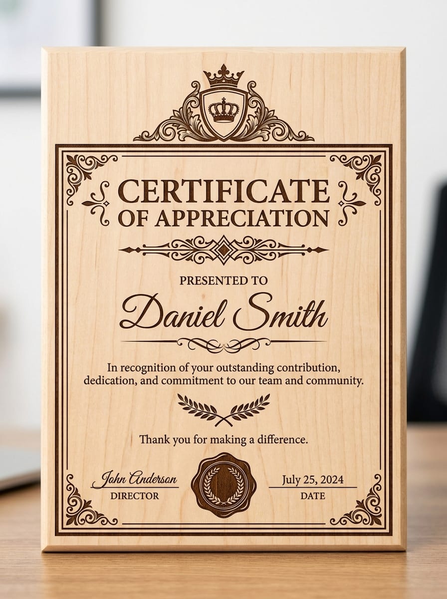 Personalized Laser Engraved Wood Certificate of Appreciation | Custom Award Plaque