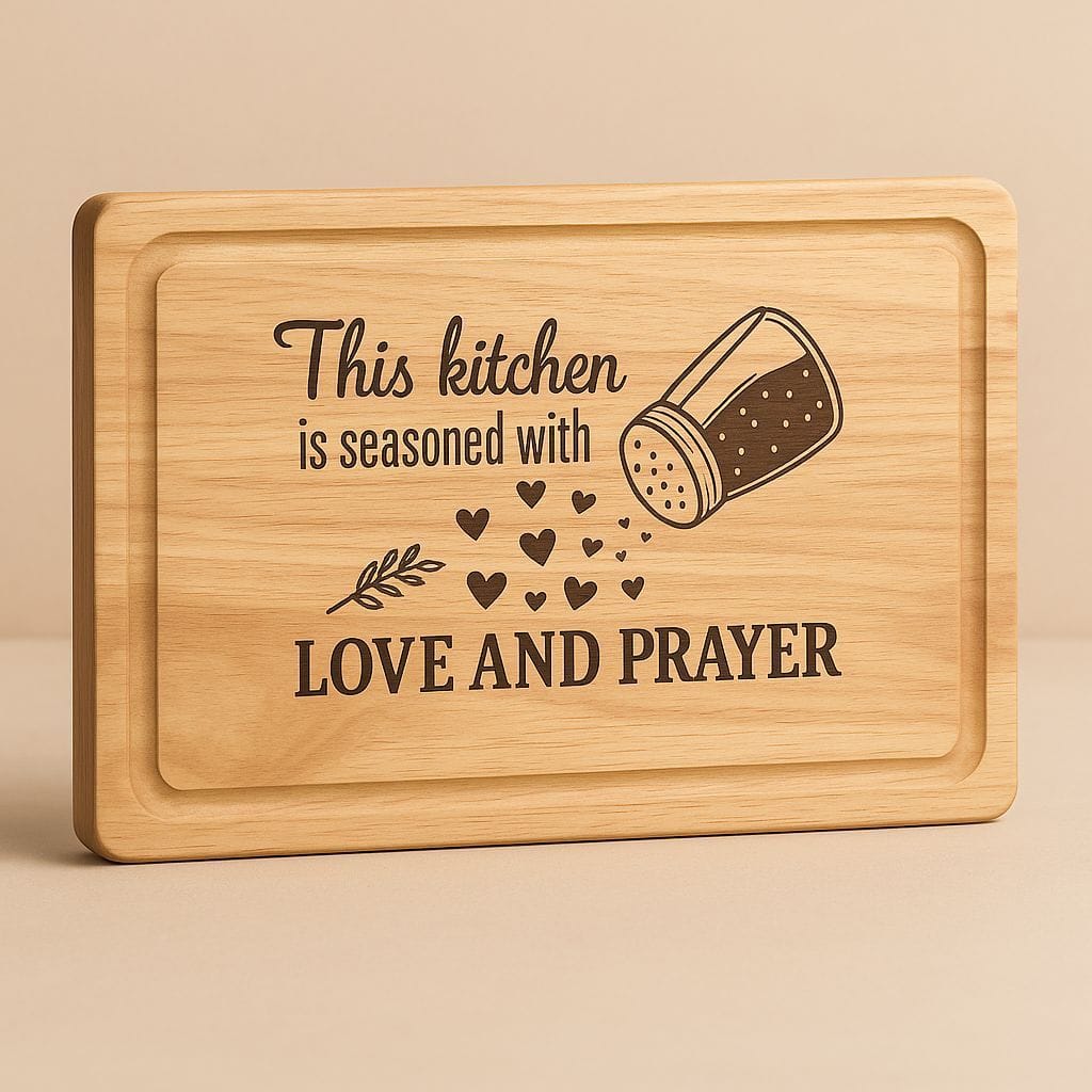 Laser engraved wooden cutting board - This kitchen is seasoned with love and prayer