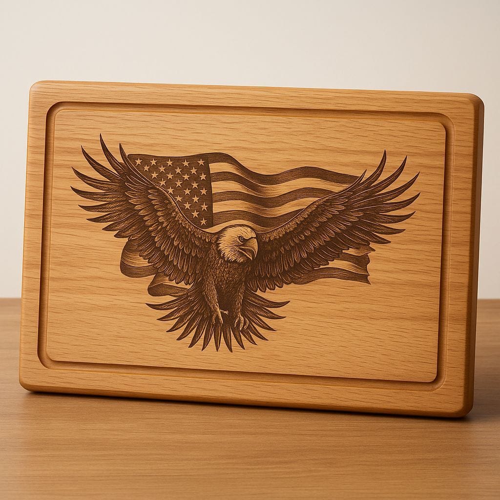 Laser engraved wooden cutting board - American Eagle and Flag patriotic design