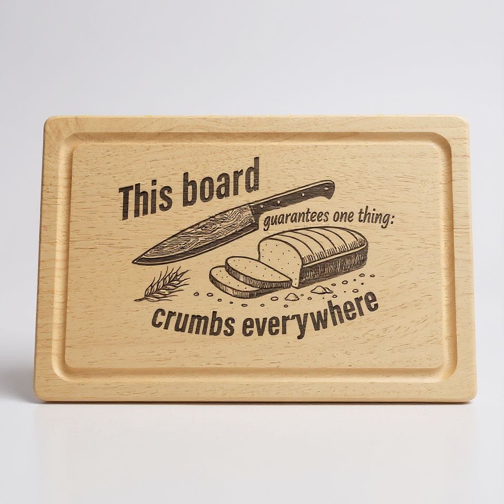 Laser engraved wooden cutting board - This board guarantees crumbs everywhere