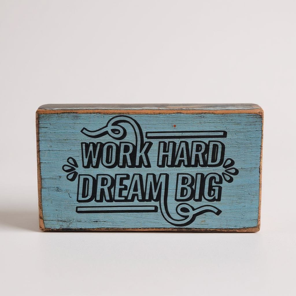 A rectangular rustic wooden block sign with a distressed light blue painted finish and black text that reads 'WORK HARD DREAM BIG' with decorative flourishes, shown on a plain light background.