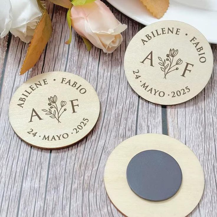 Personalized laser engraved wooden wedding magnets with couple names initials and date