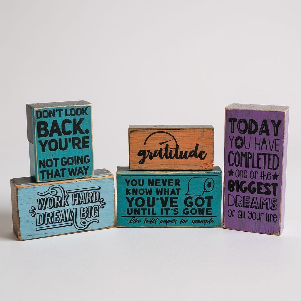 Custom painted wooden quote blocks with motivational and funny sayings
