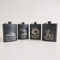 Laser engraved matte black stainless steel flasks with adventure designs