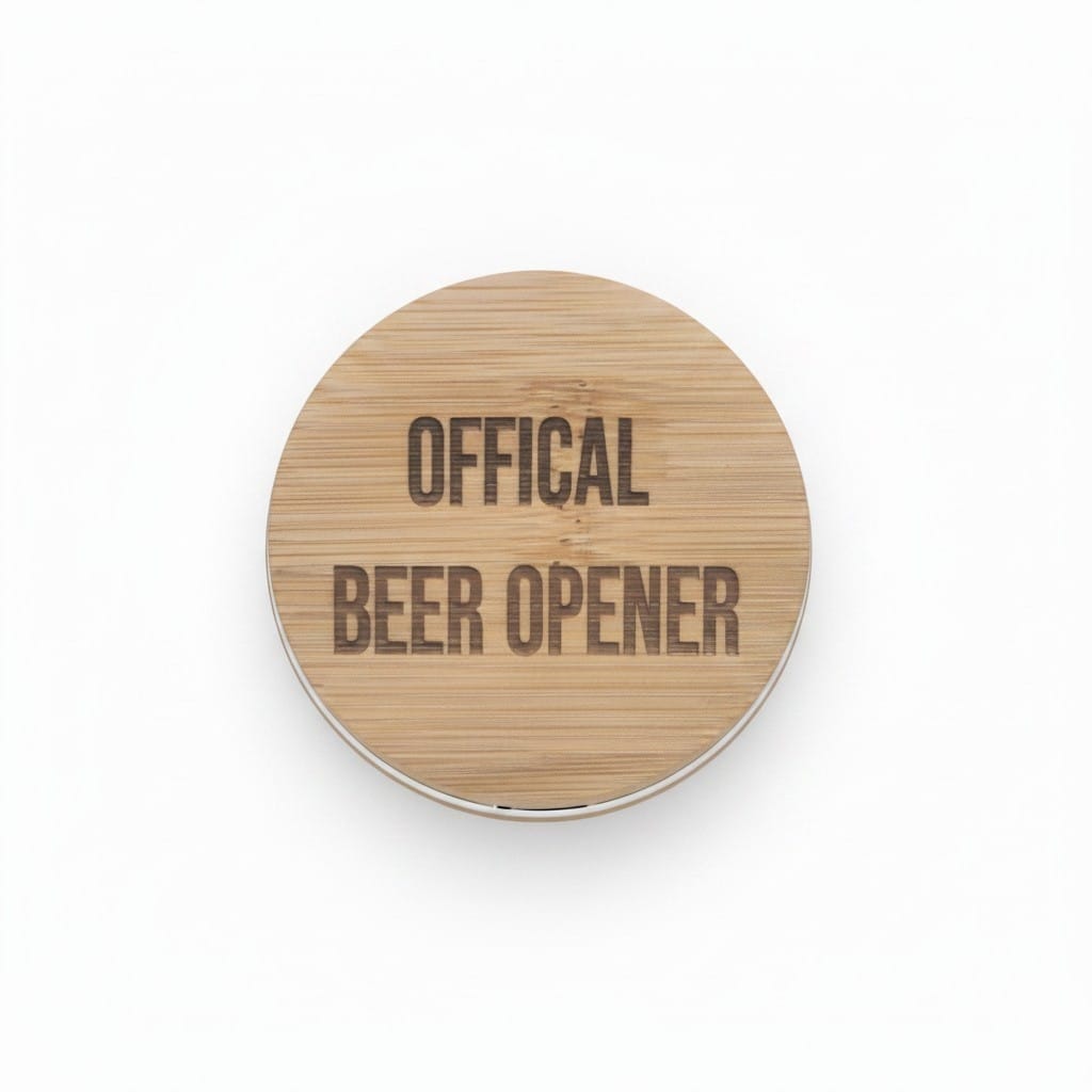 A round bamboo beer opener tool with the words 'OFFICAL BEER OPENER' printed on the top, shown on a clean white background.