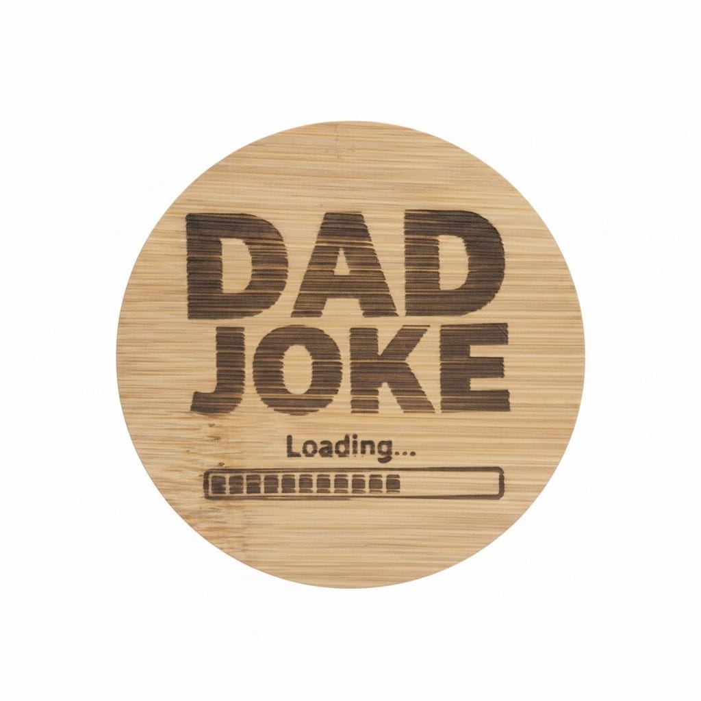 Personalized round wooden magnetic bottle opener engraved with “Dad Joke Loading” and a progress bar design.
