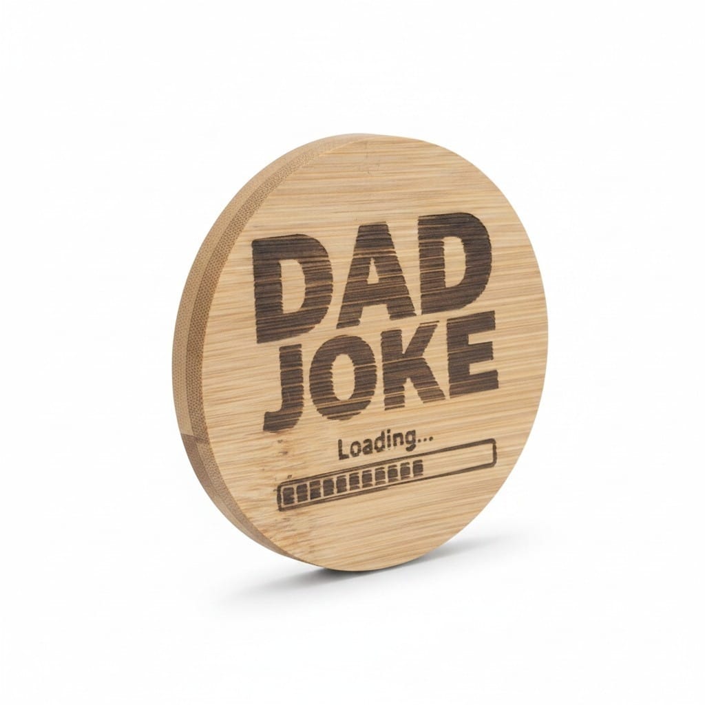 Personalized round wooden magnetic bottle opener engraved with “Dad Joke Loading” and a progress bar design.
