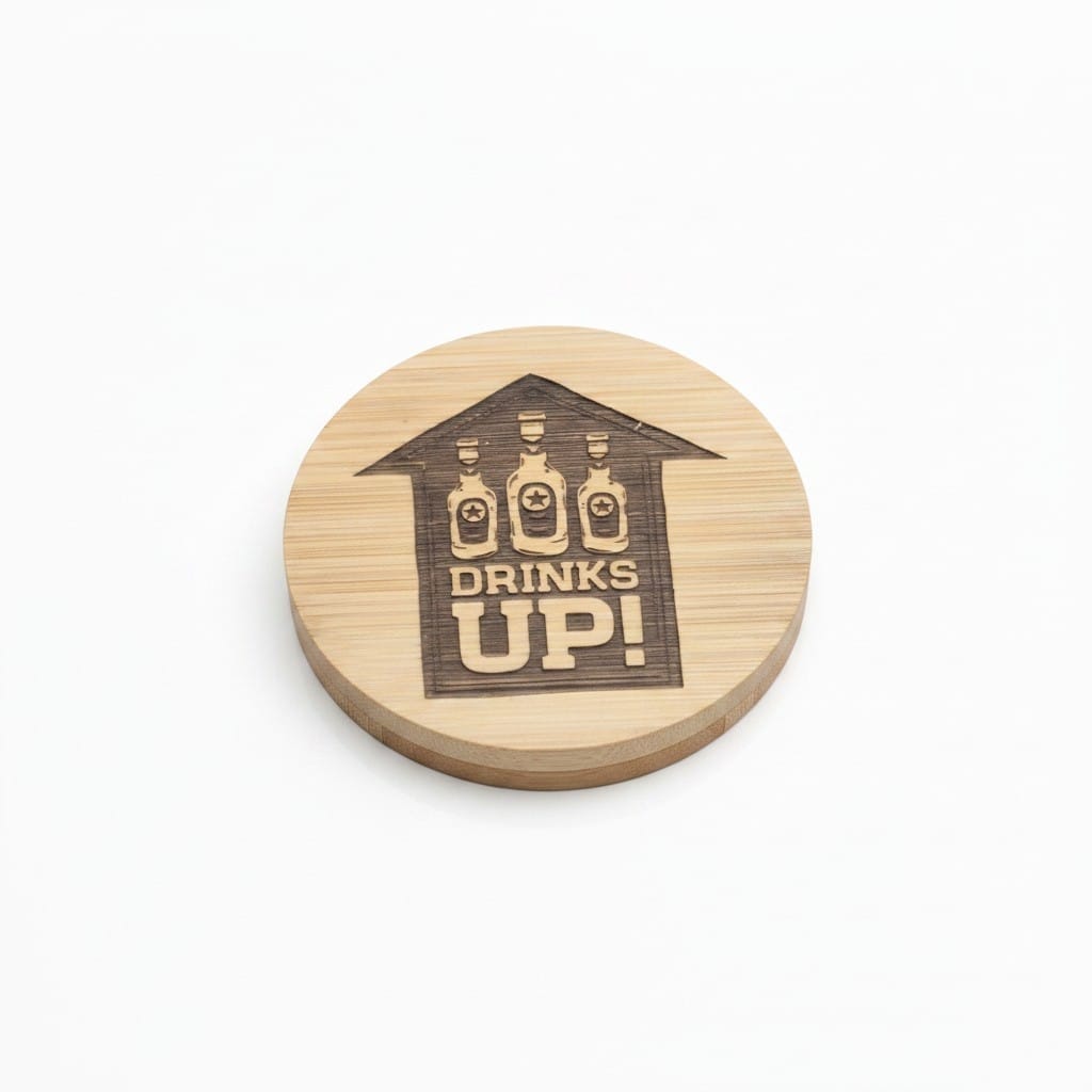 Personalized round wooden magnetic bottle opener engraved with a “Drinks Up!” bar design and liquor bottles.
