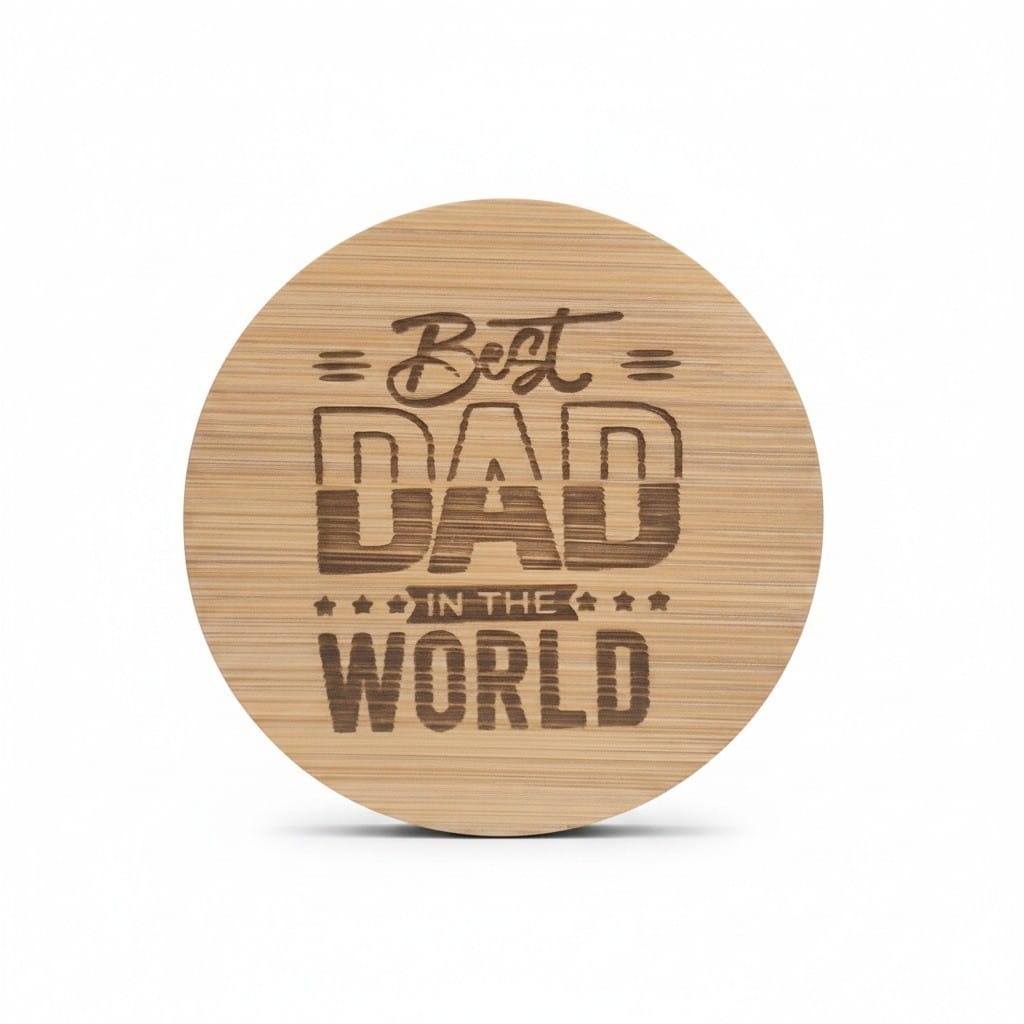 Personalized round wooden magnetic bottle opener engraved with “Best Dad in the World.”
