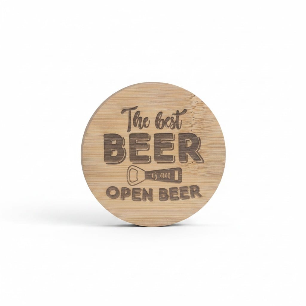 Personalized round wooden magnetic bottle opener engraved with “The Best Beer Is an Open Beer” and a custom design.
