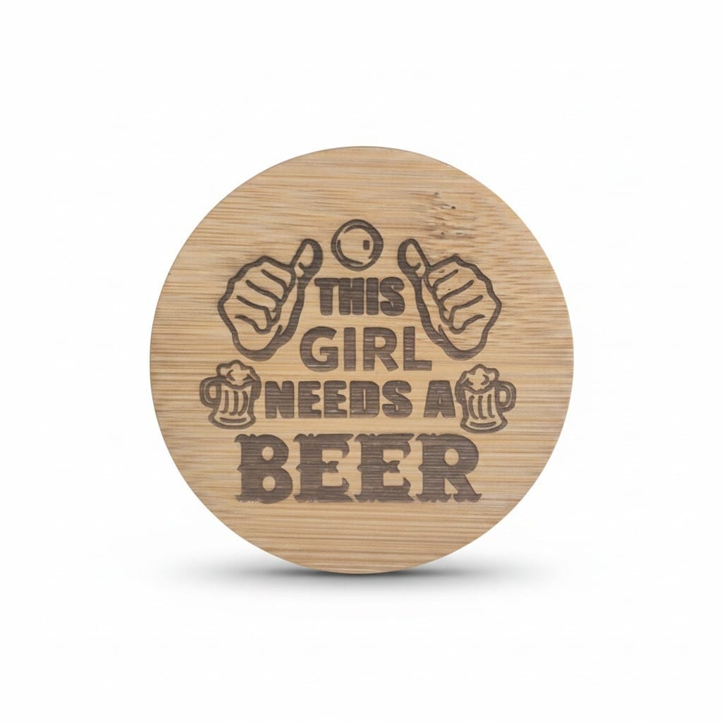 Personalized round wooden magnetic bottle opener engraved with “This Girl Needs a Beer” and a fun beer-themed design.
