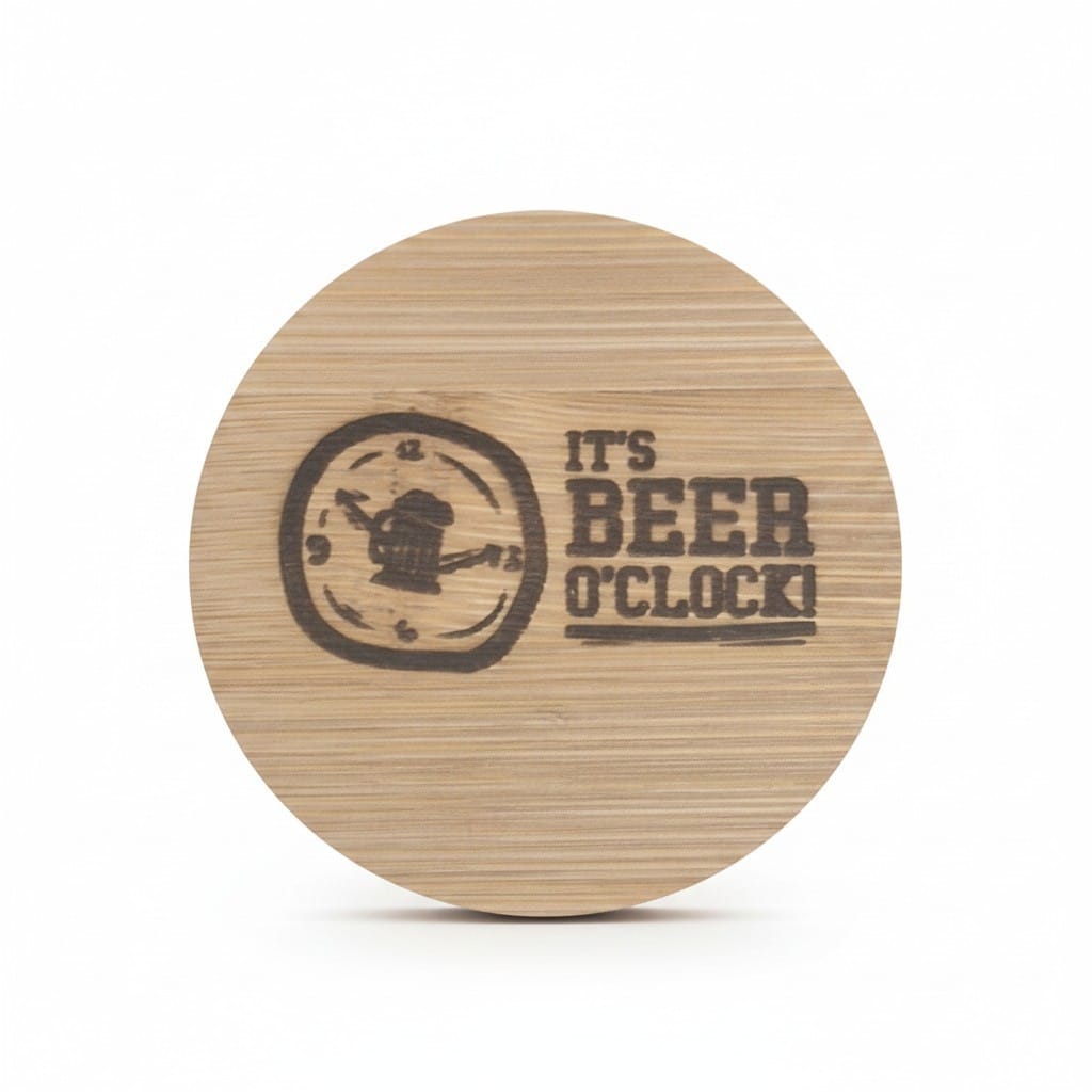 Round wooden magnetic bottle opener engraved with “It’s Beer O’Clock” and a beer mug design.