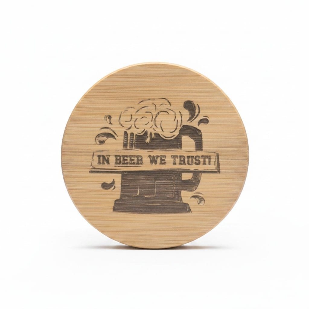 Personalized round wooden magnetic bottle opener engraved with “In Beer We Trust” and a beer mug design.
