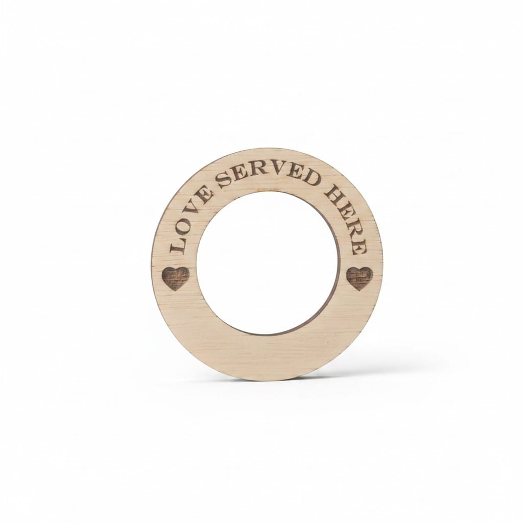 A light natural wood circular ring with the words 'LOVE SERVED HERE' engraved around the top edge, two small heart engravings on the sides, and a central hole, shown on a clean white background.