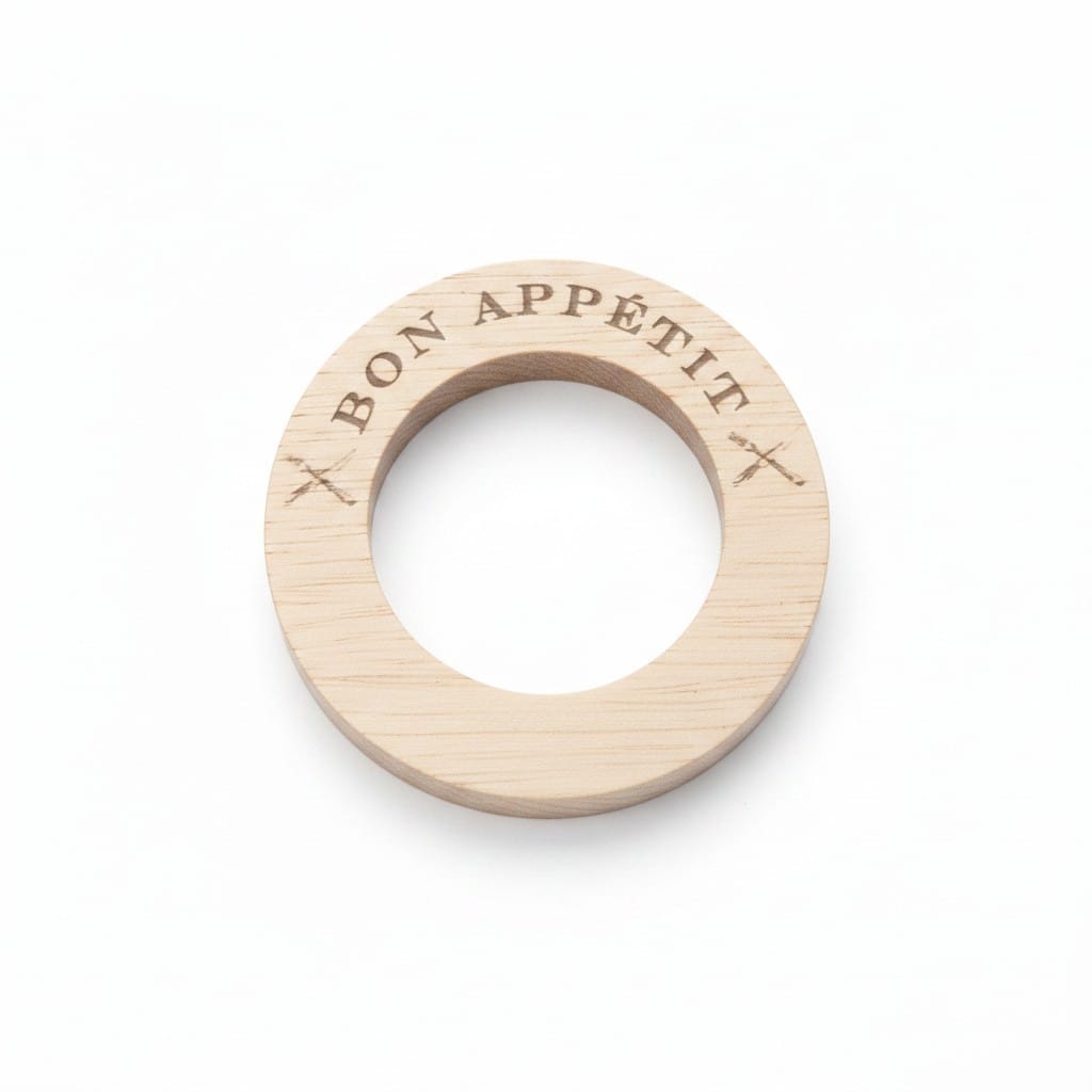 A light natural wood ring-shaped product with the words 'BON APPÉTIT' engraved on the top and small cross motifs on either side, shown on a clean white background.