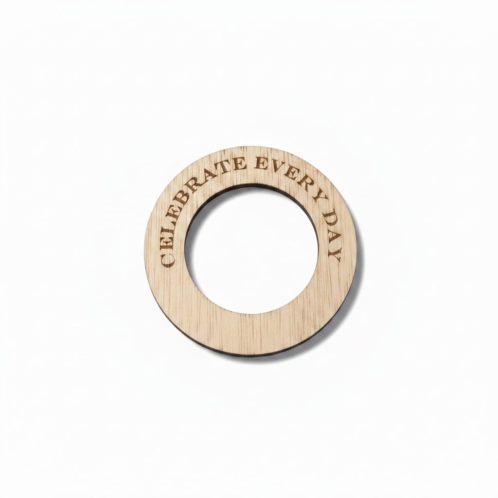 A light natural wood circular ring with the engraved text 'CELEBRATE EVERY DAY' on a plain white background.