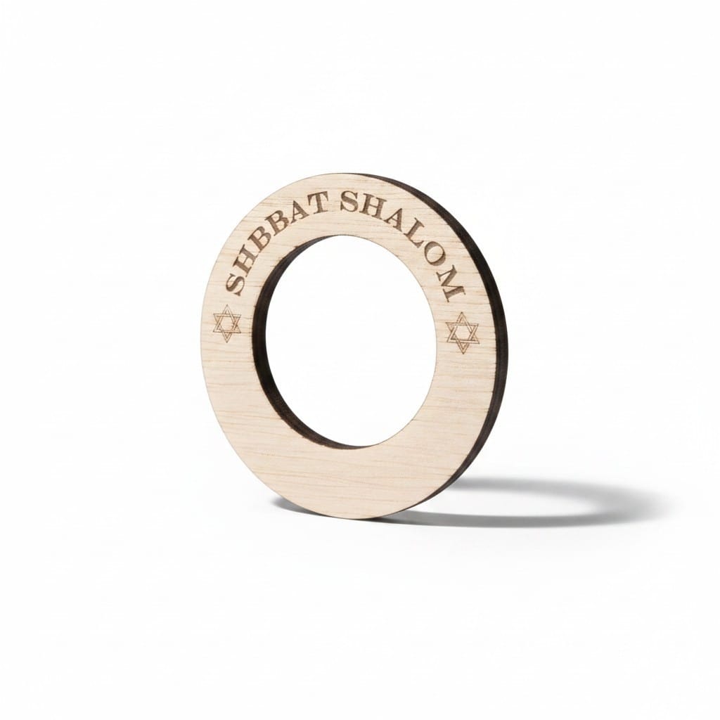 A circular wooden Shabbat candlestick ring engraved with 'SHBBAT SHALOM' and Star of David symbols, standing upright on a white background with a soft shadow.
