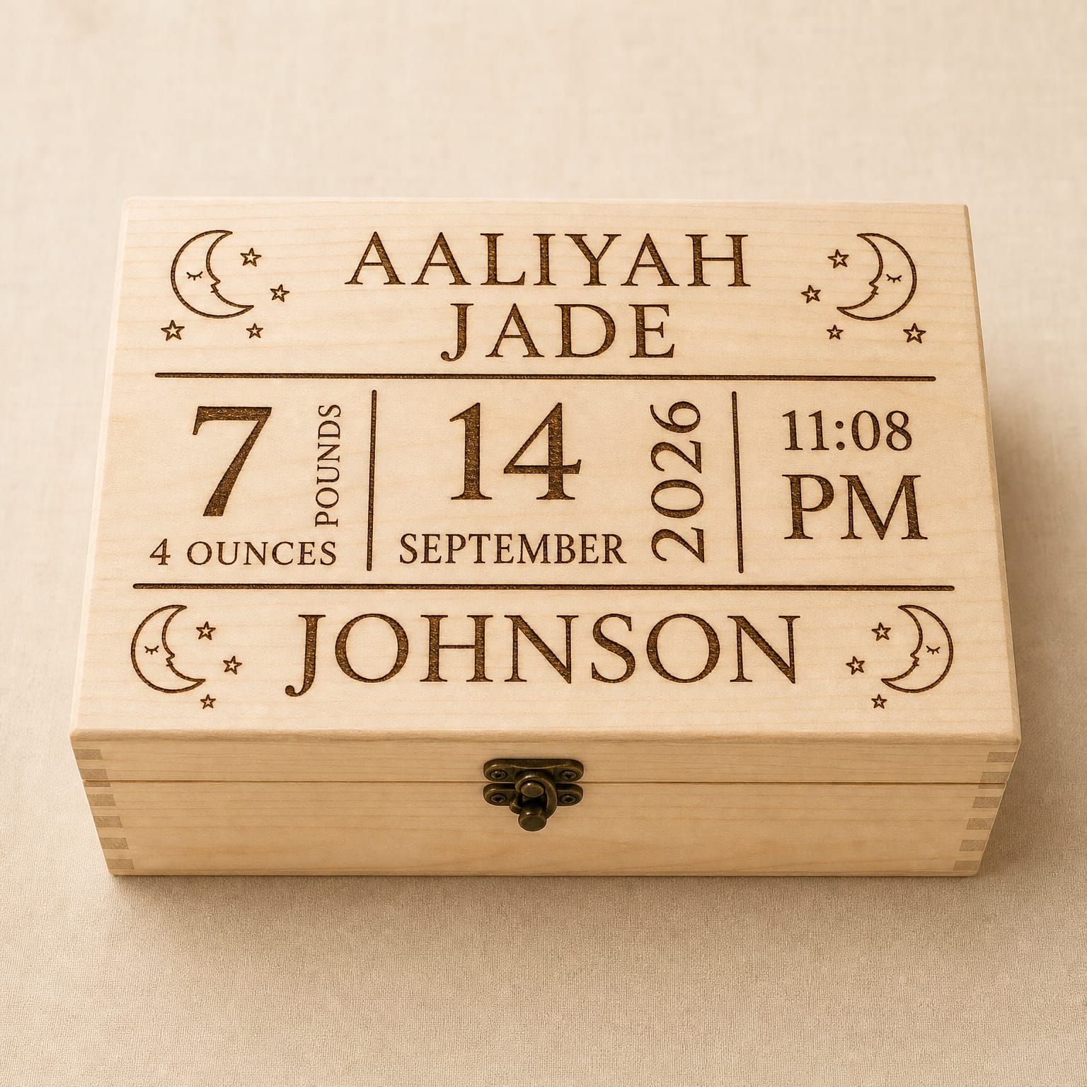 Personalized laser engraved baby memory box with moons and stars design – custom newborn keepsake gift by MSC Wood & Craft Designs