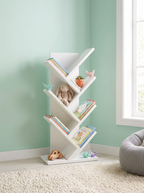 A white, multi-tiered chevron-style bookshelf styled with children's toys, books, and a small potted plant in a nursery room with mint green walls and a window.