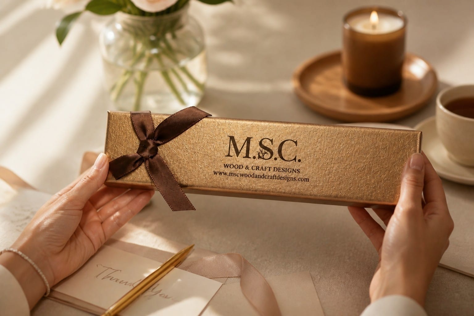 Hand holding a personalized laser engraved bamboo pen gift box