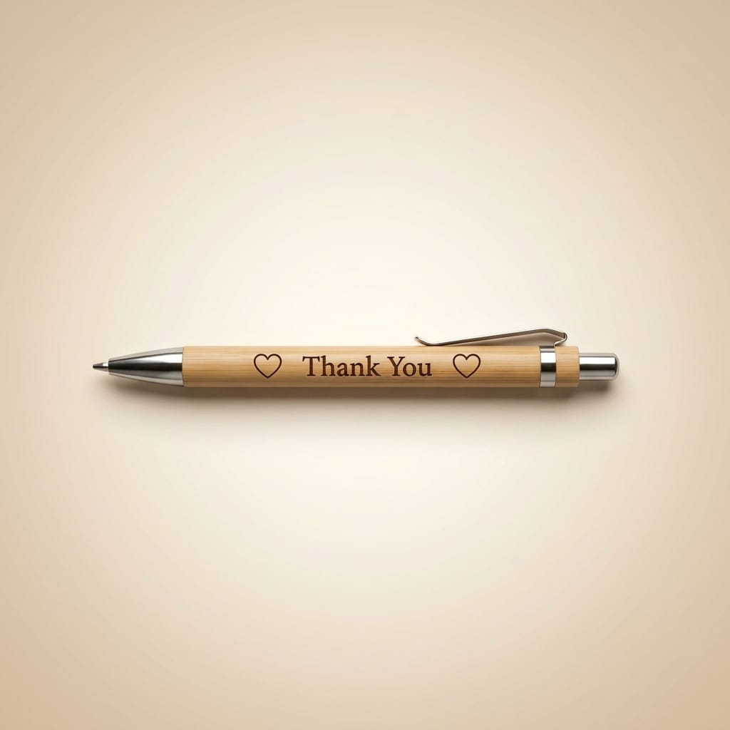 A bamboo pen with a silver metal clip and tip, featuring the engraved text 'Thank You' between two small hearts, displayed on a warm beige background.